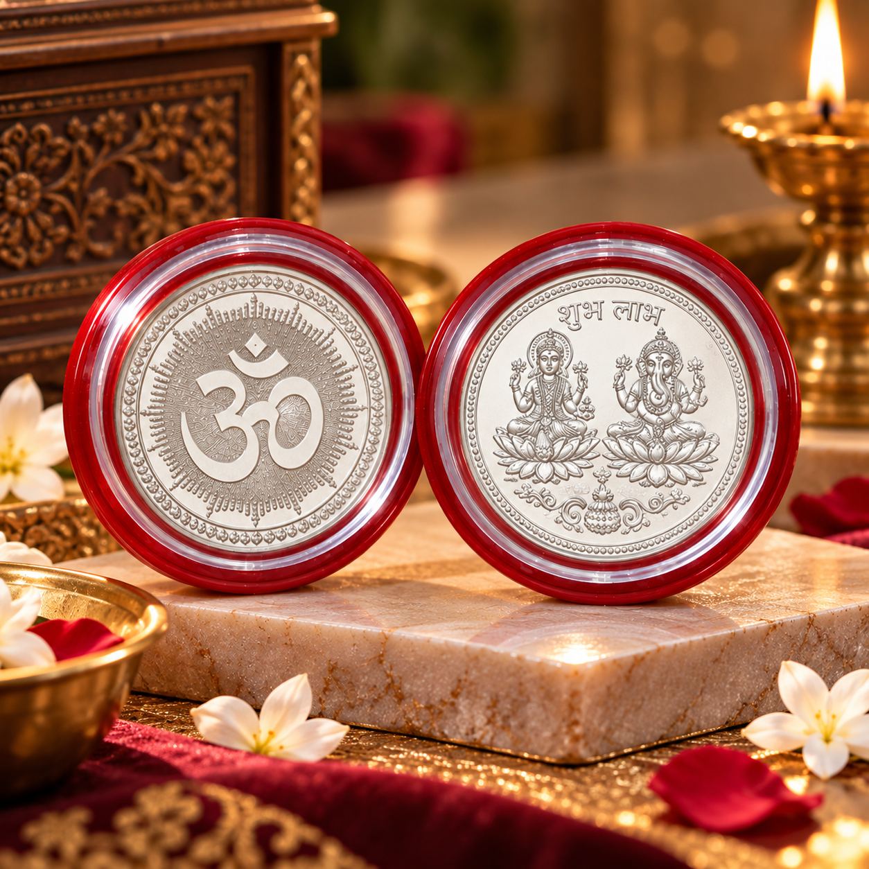 Pranav Lakshmi-Ganesh Mudra — premium coin in devotional setting